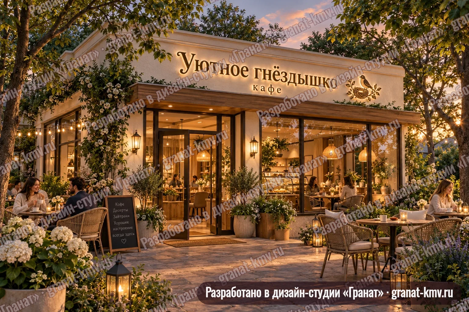 Вывеска «Уютное гнёздышко · кафе» вечером: бронзовые буквы с подсветкой, знак птички в гнезде, деревянный навес, гости за столиками